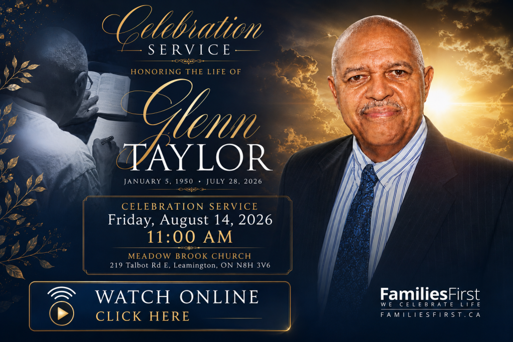 Please join us in celebrating the Life, Legacy, and Ministry of Pastor Glenn Taylor. Streaming Live from Meadowbrook Church in Leamington, ON at 11am August 14, 2026. Click on this link to watch live or to view after the service is completed as well. ->>>>> https://www.youtube.com/@BrentTaylorLive/streams